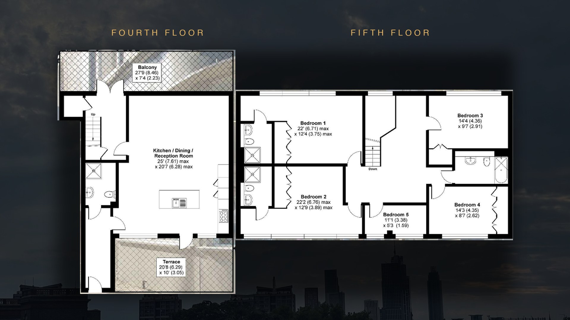 Floorplan of the duplex penthouse: fourth floor with kitchen, dining, reception, balcony and terrace; fifth floor with five bedrooms and three bathrooms