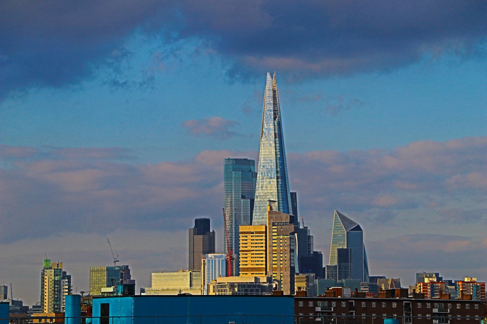 The Shard rising above the City skyline, telephoto from the property